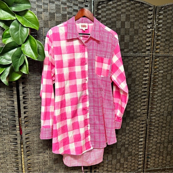 Solid & Stripes pink plaid tshirt dress with back cutout button up cotton - Picture 2 of 7